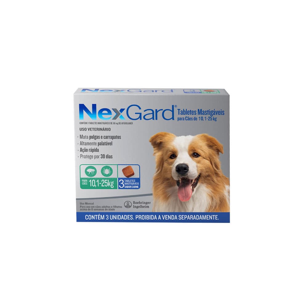 Antipulgas NexGard (Afoxolaner) 10 a 25kg com 3 Comprimidos para Cães – Boehringer Ingelheim