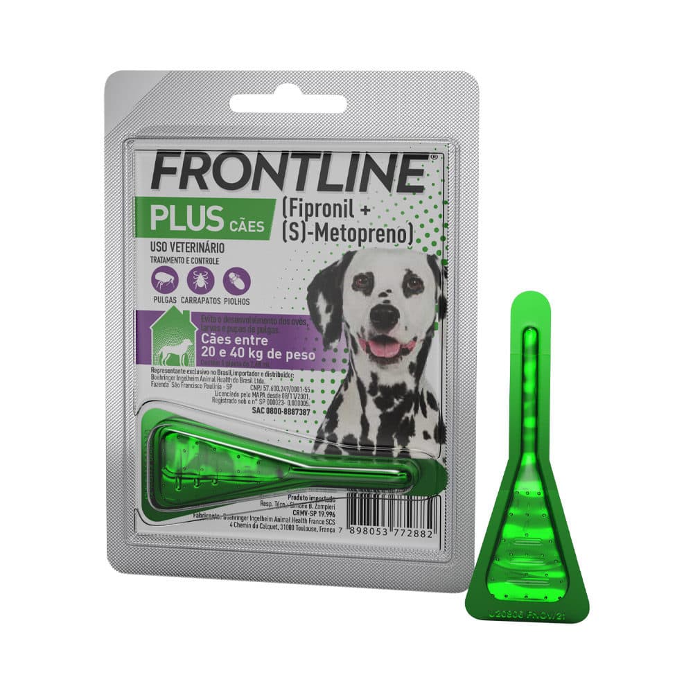 Antipulgas e Carrapatos Frontline Plus (Fipronil + S-Metopreno) Pipeta para Cães de 20 a 40kg – Boehringer Ingelheim