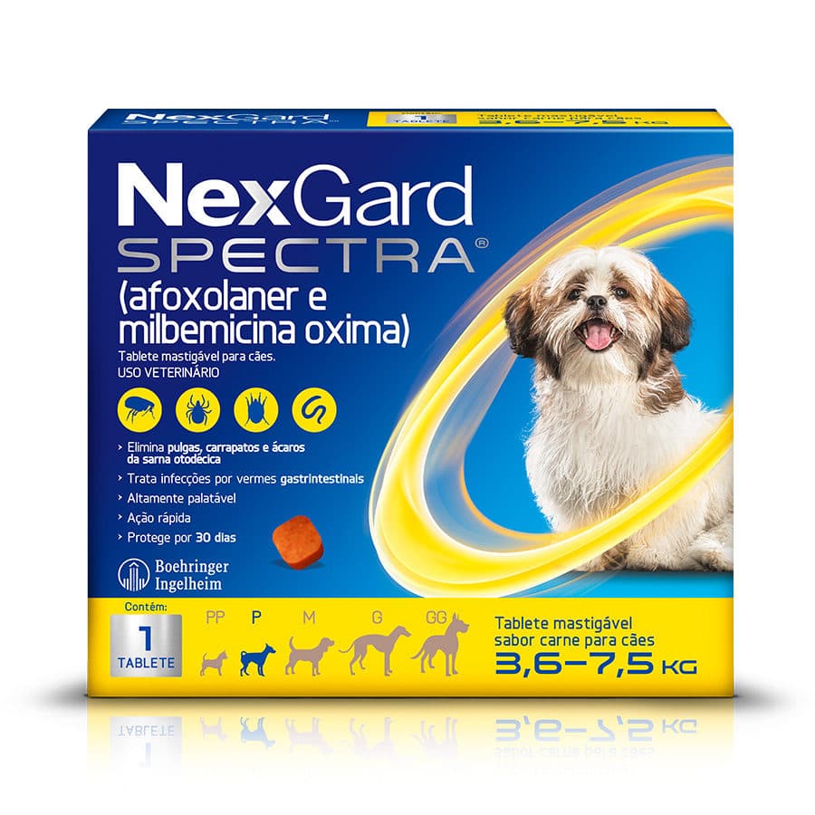 Antipulgas e Vermífugo NexGard Spectra 3,6 a 7,5kg (Afoxolaner + Milbemicina Oxima) 1 Comprimido Para Cães - Boehringer Ingelheim