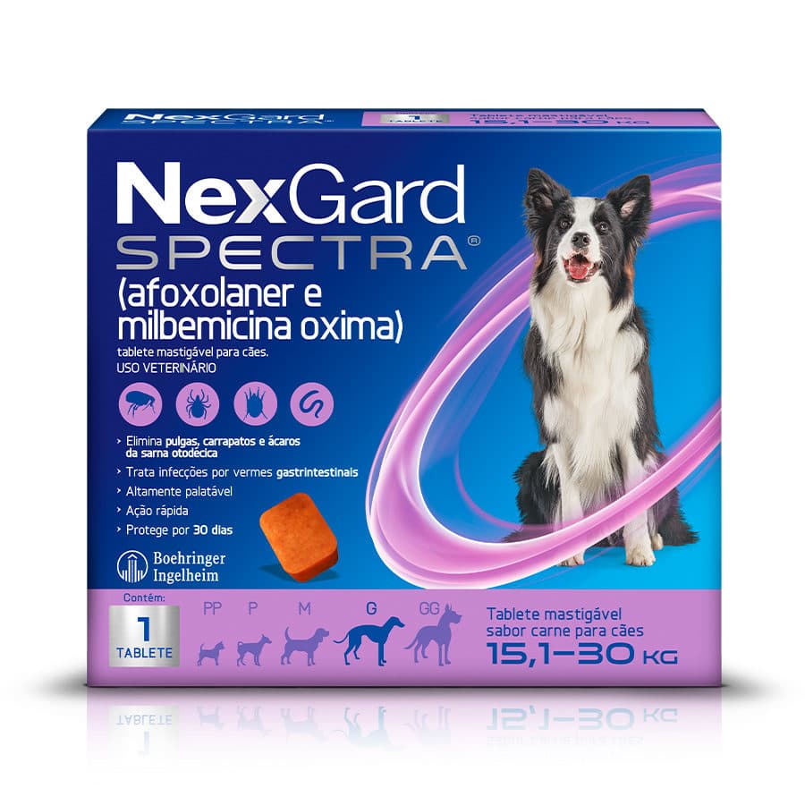 Antipulgas e Vermífugo NexGard Spectra 15,1 a 30kg (Afoxolaner + Milbemicina Oxima) 1 Comprimido Para Cães - Boehringer Ingelheim