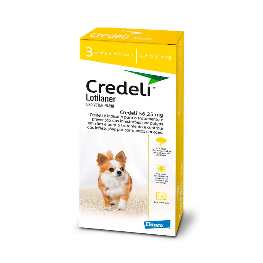 Antipulgas Credeli 56,25mg (Lotilaner) Comprimido para Cães de 1,3 a 2,5kg (com 3 comprimidos) – Elanco