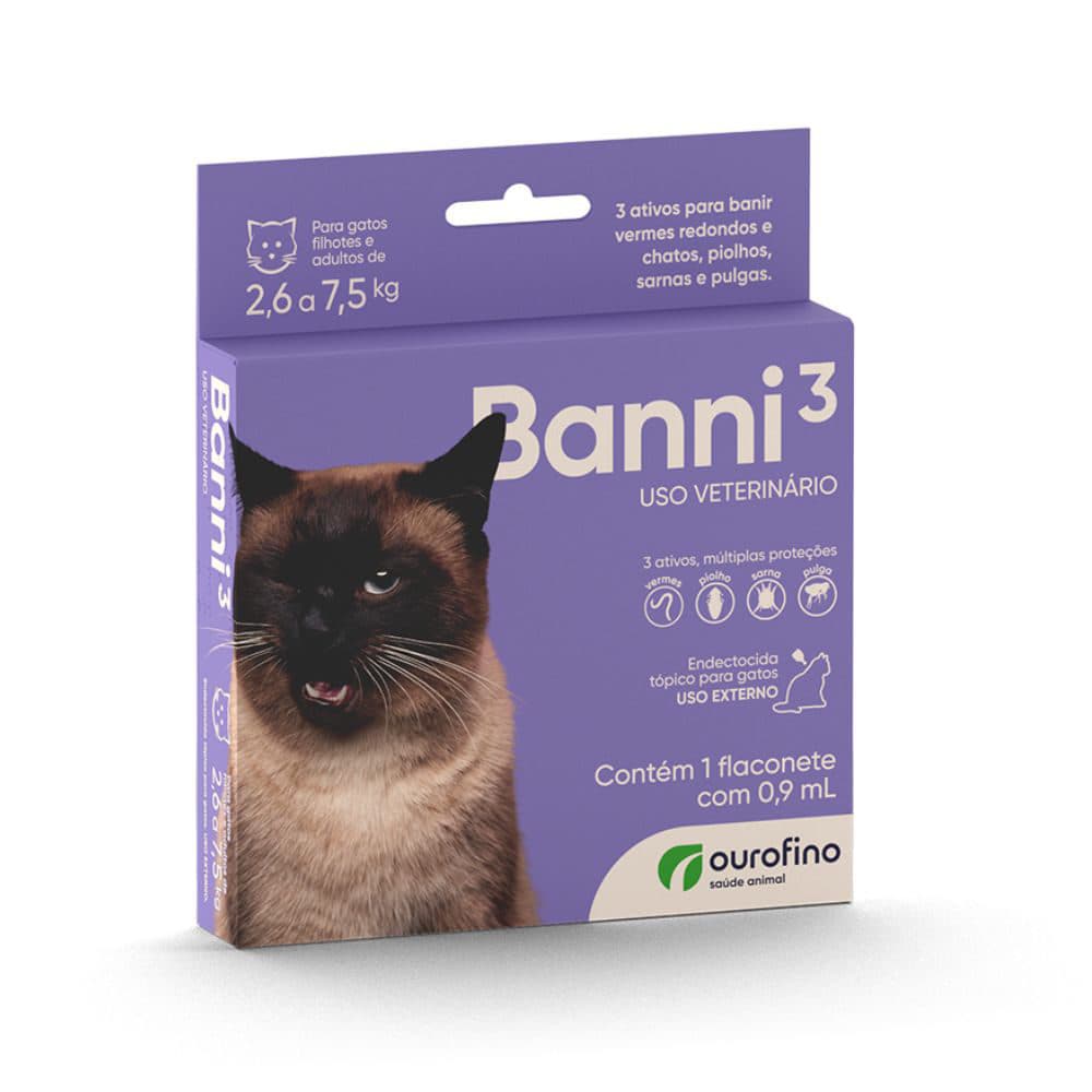 Antipulgas Banni 3 0,9ml (Fipronil + Moxidectina + Praziquantel) Pipeta para Gatos de 2,6 a 7,5kg – Ourofino