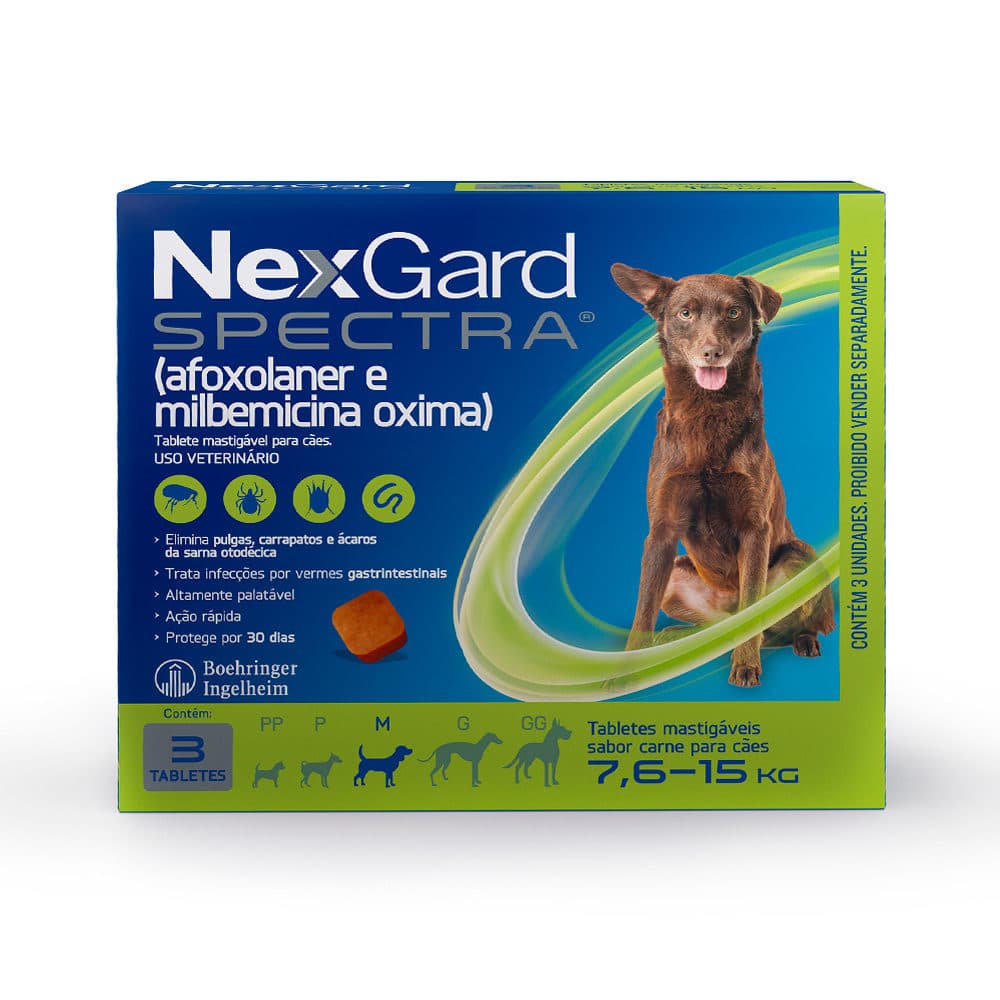 Antipulgas e Vermífugo NexGard Spectra 7,5 a 15kg (Afoxolaner + Milbemicina Oxima) 3 Comprimidos Para Cães - Boehringer Ingelheim